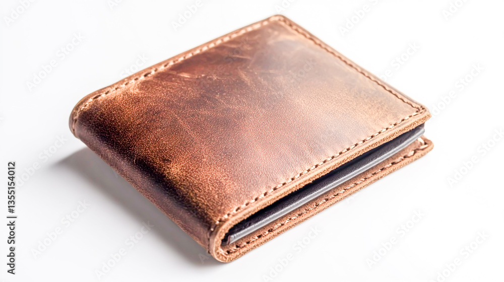 A sleek brown leather wallet for men, featuring fine stitching details and a minimalist, elegant design, perfect for everyday use and fashion, isolated on a white background A sleek brown leather wallet for men, featuring fine stitching details and a minimalist, elegant design, perfect for everyday use and fashion, isolated on a white background