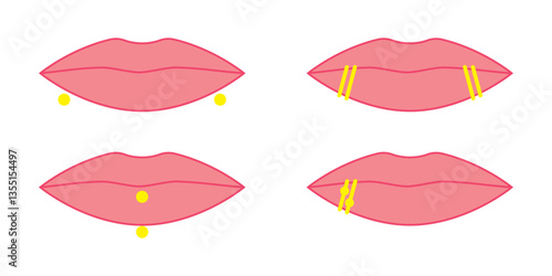 A series of examples of lip piercings. EPS 10. Vector illustration