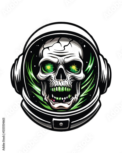 A decaying astronaut, zombie-like, floats weightlessly in the inky blackness of space, his spacesuit torn and showing exposed, rotting flesh.