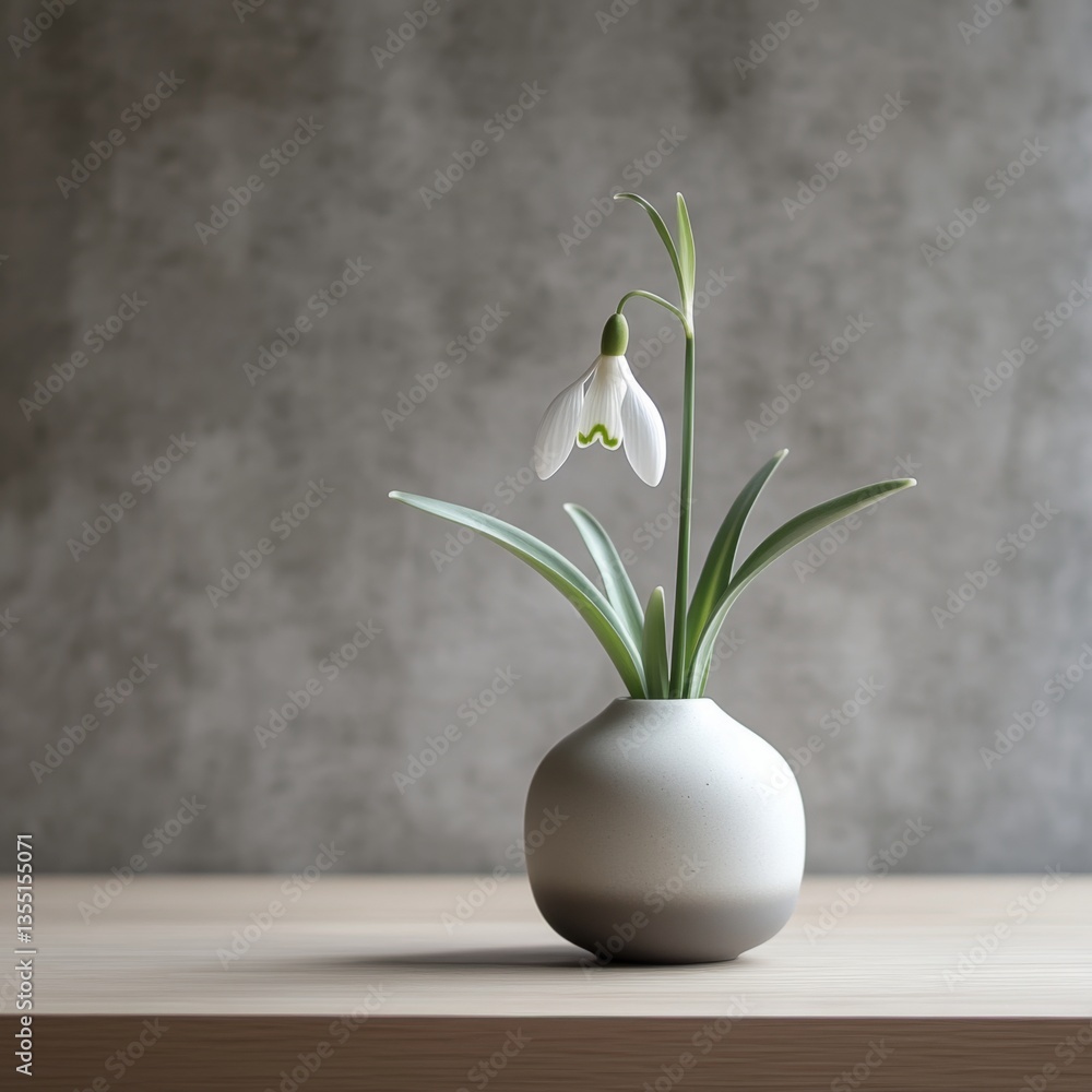 A beautiful snowdrop flower in a sleek modern vase sits on a minimalist wooden table. The gentle elegance of the flower enhances the serene atmosphere of the space. Perfect for modern interiors. AI A beautiful snowdrop flower in a sleek modern vase sits on a minimalist wooden table. The gentle elegance of the flower enhances the serene atmosphere of the space. Perfect for modern interiors. AI