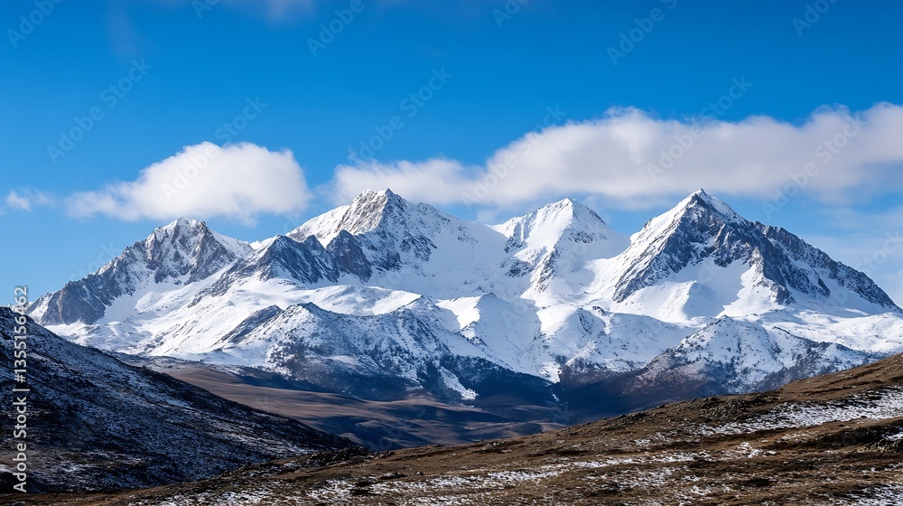 Obraz premium Breathtaking Mountain Range with Majestic Peaks and Clear Blue Sky : Generative AI