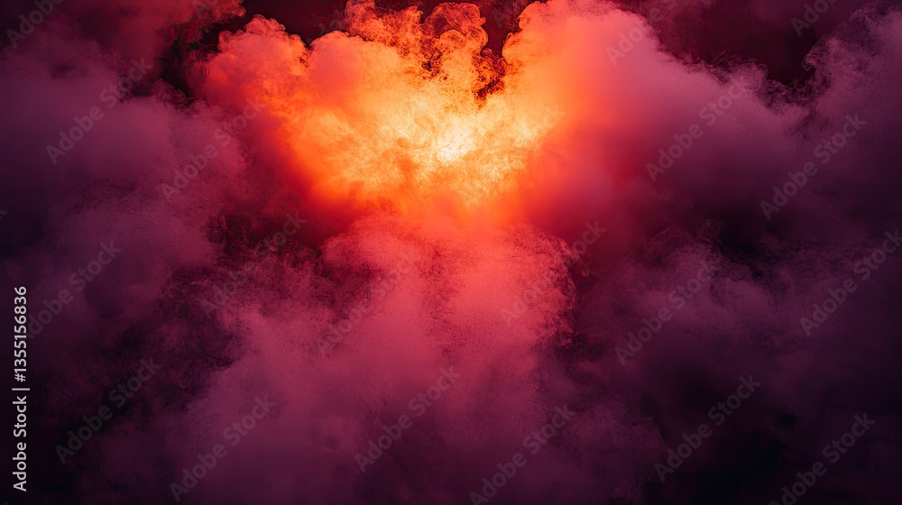 Naklejka premium Fiery red and purple smoke clouds, dark background, dramatic lighting, design element