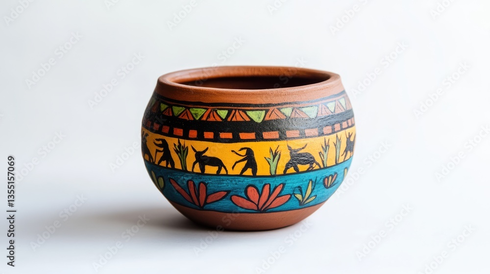 Empty ceramic clay flower and plant pot with colourful indigenous ornament isolated on white background with copy space Empty ceramic clay flower and plant pot with colourful indigenous ornament isolated on white background with copy space