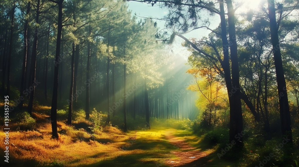 Fototapeta premium Sunlit Pathway: A serene sun-dappled pathway beckons through a lush forest, offering a glimpse into a world of tranquility and natural beauty.