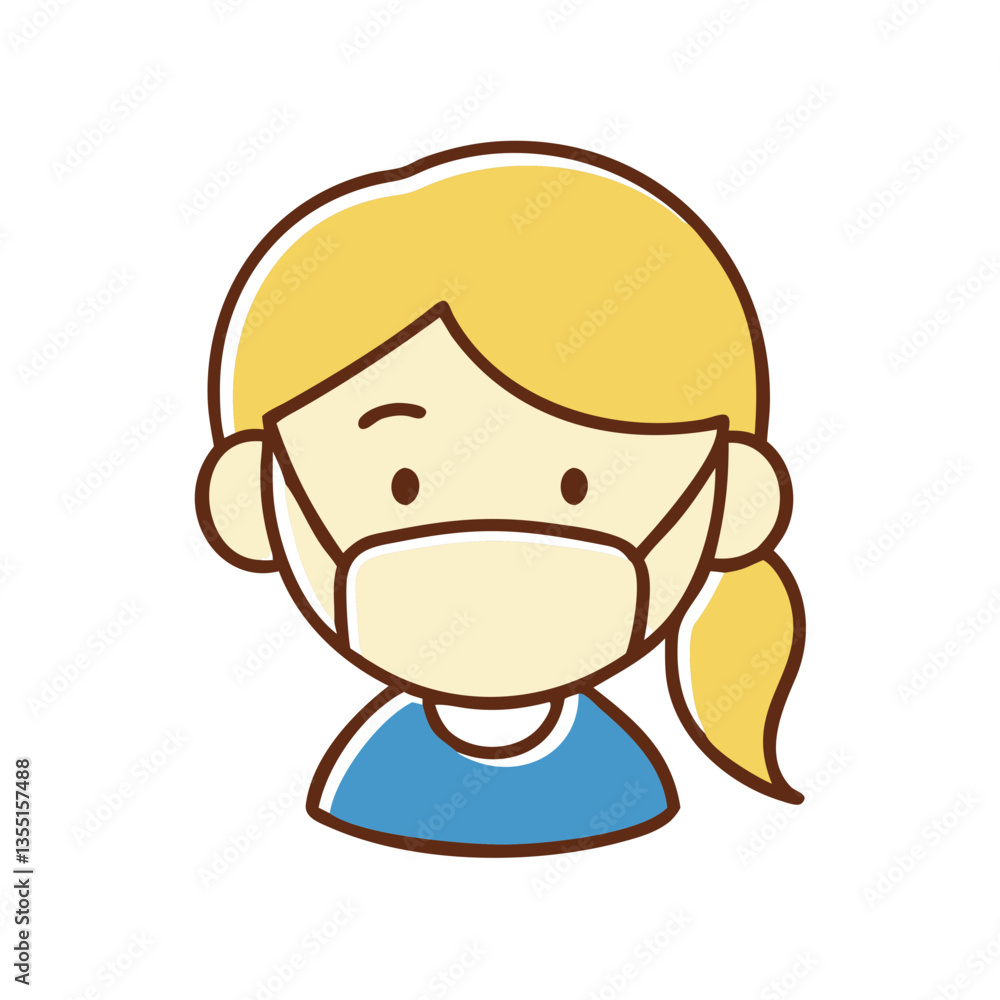 Female avatar icon with medical mask in yellow and blue colors Female avatar icon with medical mask in yellow and blue colors