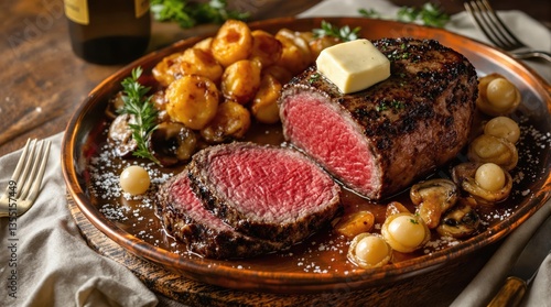 Chateaubriand cut beef tenderloin on copper platter with herb butter, pommes soufflées, pearl onions, wild mushrooms, thyme and fleur de sel on wooden table photo