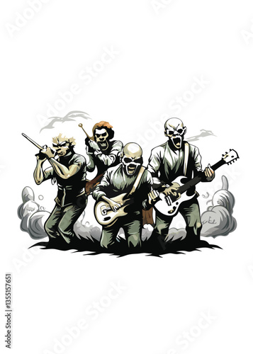 A ghoulish rock band of zombies performs on stage, each member playing a different instrument.  Detailed depiction of decaying flesh and tattered clothing.