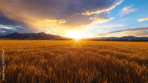 Golden wheat field under a dramatic sunset sky with vibrant colors and distant mountains creating a serene landscape : Generative AI