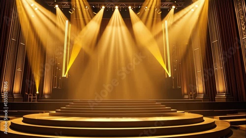 Golden stage with dramatic spotlights creating a grand award ceremony atmosphere. 