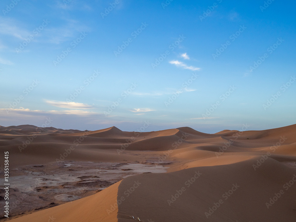 Sunrise light over Erg Chegaga sand dunes, Morocco