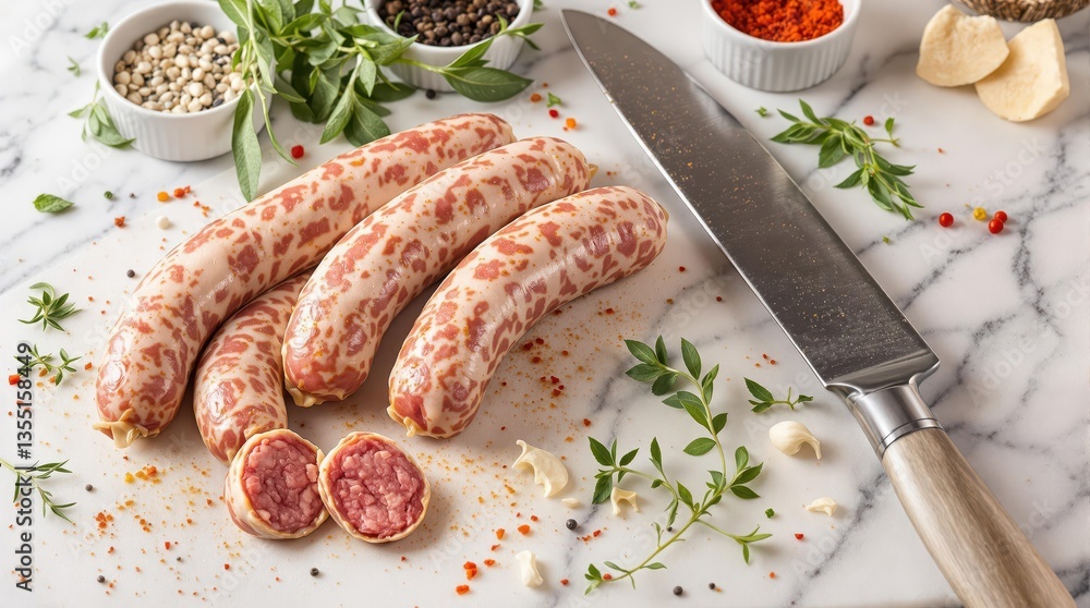 Sausage making preparation scene with freshly crafted links arranged on marble cutting board beside chef's knife and assorted herbs with small bowls of spices Sausage making preparation scene with freshly crafted links arranged on marble cutting board beside chef's knife and assorted herbs with small bowls of spices