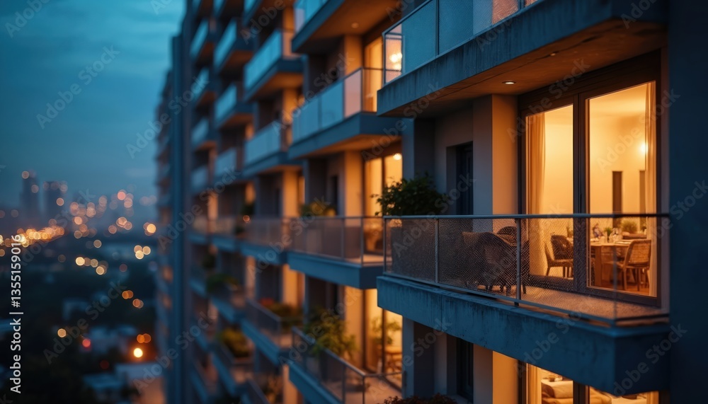 Obraz premium Modern apartment building illuminated at night. Balconies with floor-to-ceiling windows, city lights bokeh background. Urban skyline, dark sky with twinkling lights. Luxury accommodation, real estate.