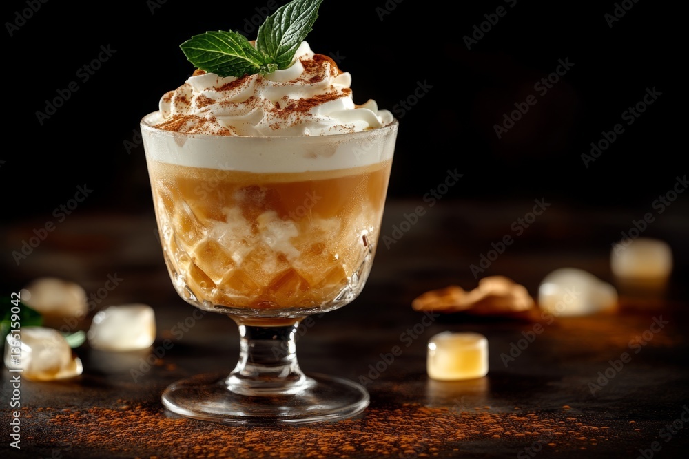 Refreshing coffee cocktail garnished with whipped cream, mint, and a sprinkle of cinnamon, served in an elegant glass