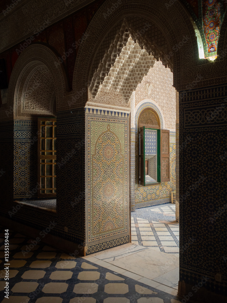 Telouet Kasbah room doorway framed by islamic stucco work, Morcocco