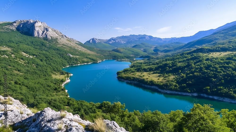 Breathtaking Aerial View of a Serene Mountain Lake Surrounded by Lush Green Hills and Majestic Peaks : Generative AI Breathtaking Aerial View of a Serene Mountain Lake Surrounded by Lush Green Hills and Majestic Peaks : Generative AI