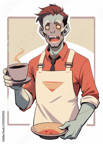 A decayed yet surprisingly efficient zombie barista expertly serves coffee in a bustling cafe, showcasing both horror and comedic elements.