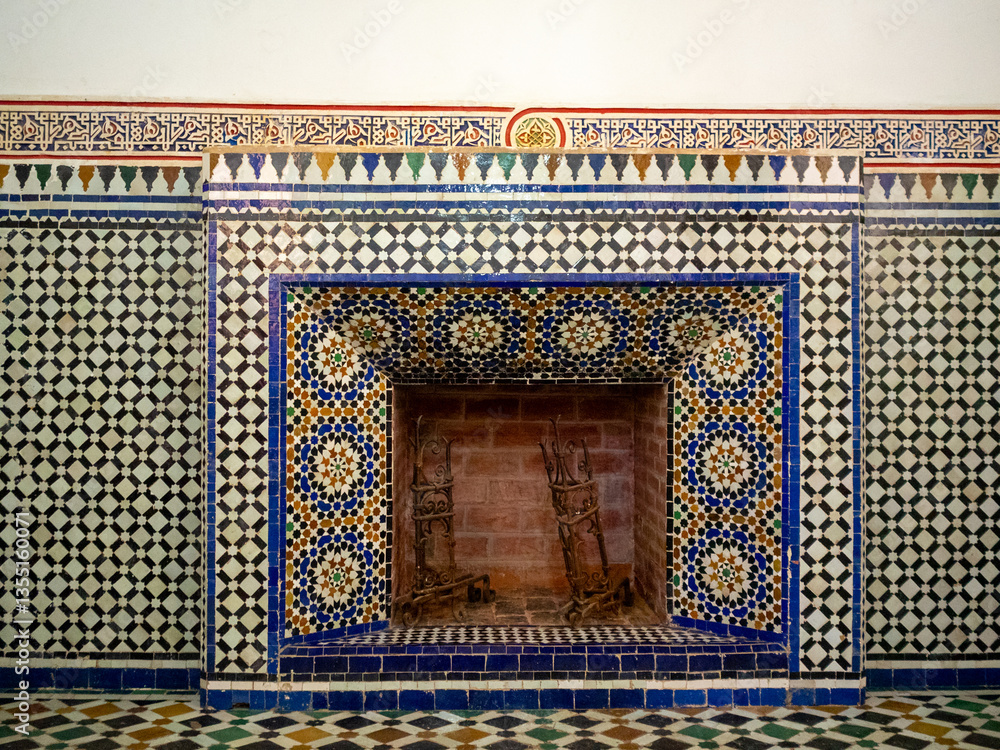 Zellij framed fireplace in a Bahia Palace room, Marrakesh