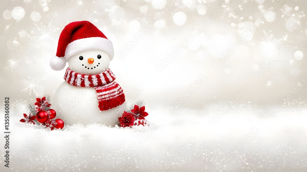 Cheerful Snowman Wearing Red Hat and Scarf Surrounded by Christmas Decorations in Winter Scene Cheerful Snowman Wearing Red Hat and Scarf Surrounded by Christmas Decorations in Winter Scene