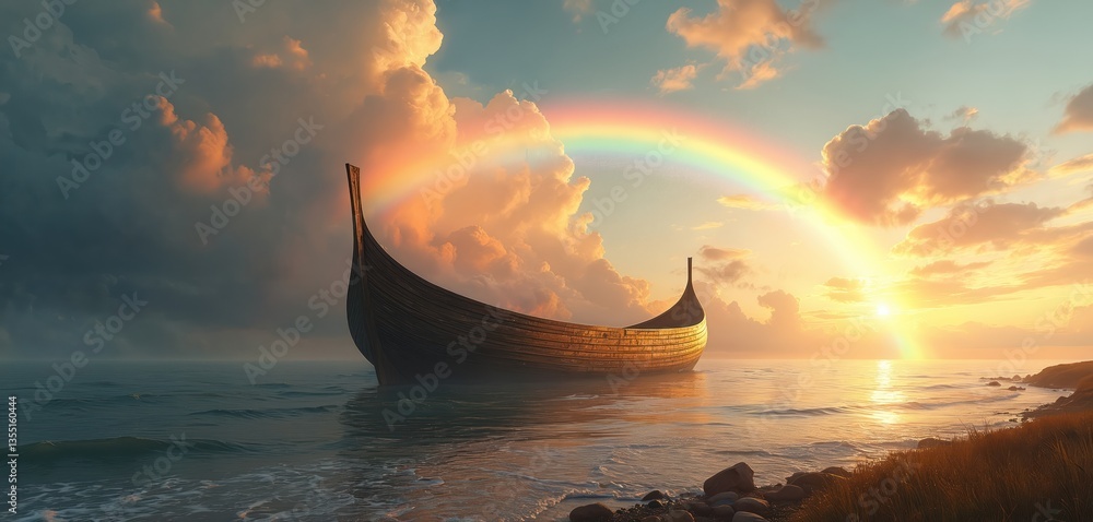 Fototapeta premium Noah ark sails on ocean during sunset. Rainbow appears after flood, symbol of hope, new beginning. Wooden boat floats in water with clear sky, sun reflecting on sea. Biblical story.