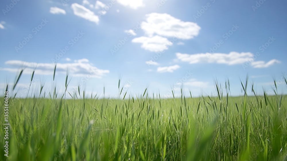 Fototapeta premium CloseUp of Lush Green Grass Blowing in the Wind Under Bright Blue Sky and Fluffy Clouds : Generative AI