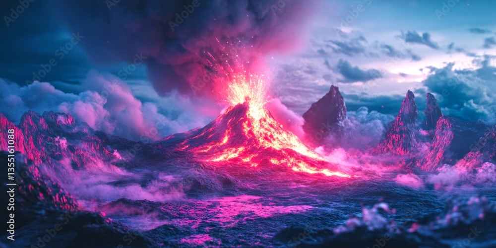 A stunning volcanic eruption lights up the night sky. The vibrant lava flows and dark smoke create a dramatic contrast. Perfect for educational and creative projects. AI A stunning volcanic eruption lights up the night sky. The vibrant lava flows and dark smoke create a dramatic contrast. Perfect for educational and creative projects. AI