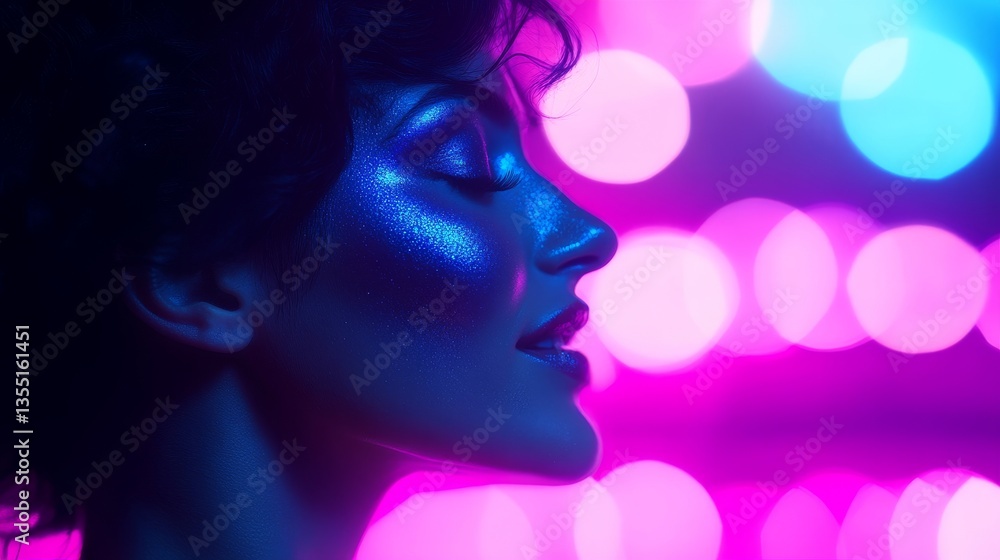 Delightful model showcases playful fashion with a colorful donut against vibrant neon lights Delightful model showcases playful fashion with a colorful donut against vibrant neon lights