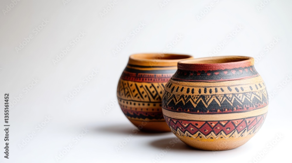 Ceramic clay flower and plant pots with colourful indigenous ornaments in pottery studio isolated on white background Ceramic clay flower and plant pots with colourful indigenous ornaments in pottery studio isolated on white background