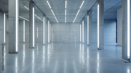 Modern spacious interior with concrete walls and illuminated vertical light fixtures enhancing minimalist aesthetic   Generative AI