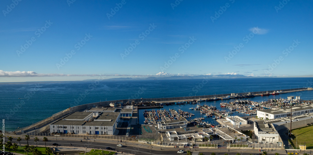 Tangier port with Spain in the far horizon
