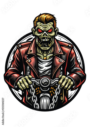 A decaying, tattooed zombie biker, fiercely gripping the handlebars of a customized chopper motorcycle, amidst a post-apocalyptic wasteland.