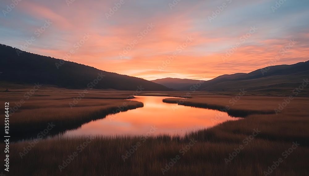 Obraz premium Mountain Sunset River Reflection.