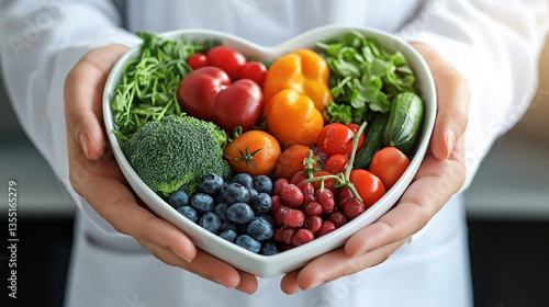 Doctor's hands holding heart-shaped bowl of fresh vegetables and berries. World Health Day