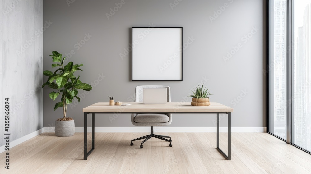 Zen productivity focus and meditation, A modern, minimalistic office space featuring a desk, chair, and plants, with large windows allowing natural light to enhance the serene atmosphere. Zen productivity focus and meditation, A modern, minimalistic office space featuring a desk, chair, and plants, with large windows allowing natural light to enhance the serene atmosphere.