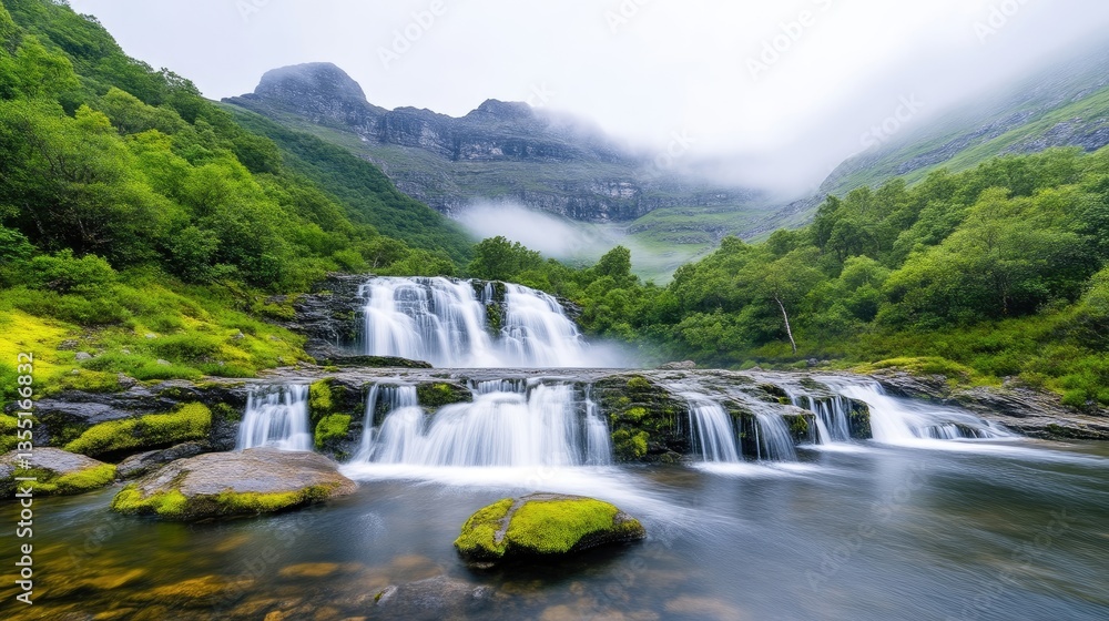 Fototapeta premium Majestic waterfall cascading down mossy rocks in a lush green valley, surrounded by misty mountains
