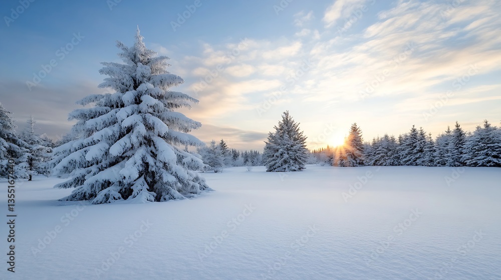 Picturesque snowy forest at sunset with tall evergreen trees surrounded by fresh snow : Generative AI Picturesque snowy forest at sunset with tall evergreen trees surrounded by fresh snow : Generative AI