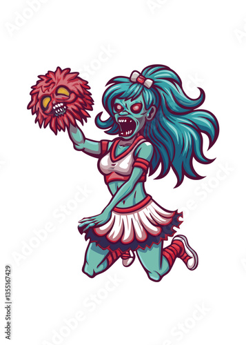 A decaying, undead cheerleader in tattered uniform, showcasing gruesome details;  a blend of horror and cheerleading aesthetics.