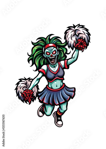 A terrifying yet alluring zombie cheerleader in tattered uniform, showcasing gruesome decay alongside remnants of her former cheerleading attire.