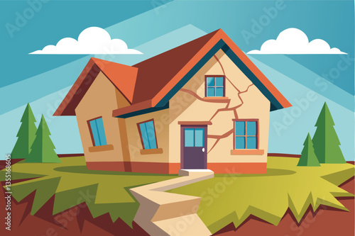 Vector illustration of a house showing signs of damage due to an earthquake
