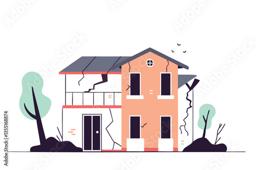 Vector illustration of a house showing signs of damage due to an earthquake