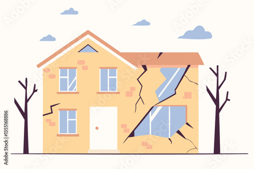 Vector illustration of a house showing signs of damage due to an earthquake