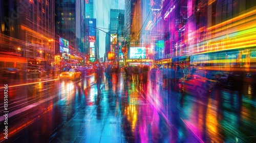 A vibrant city street scene with colorful lights and reflections
