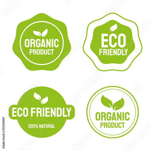 Set Eco friendly, organic product logo icon label. 100% eco environmentally symbol. Natural food stamp