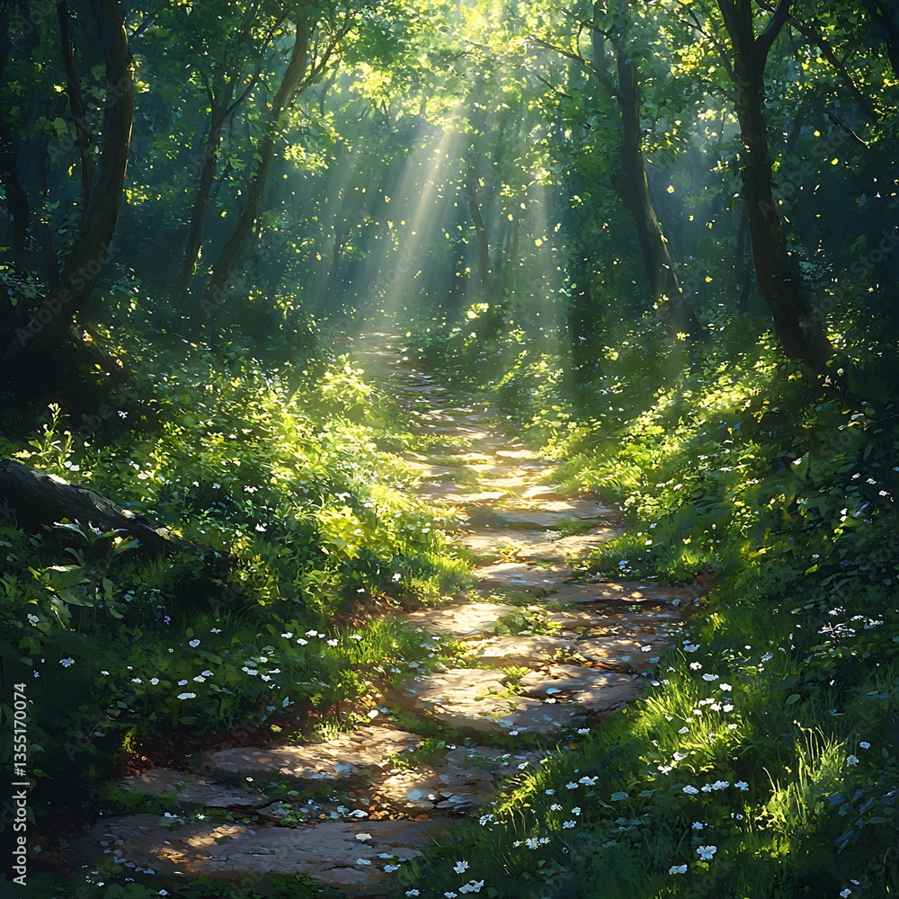 Fototapeta premium Mystical forest sunlight beams green nature path high resolution hd image