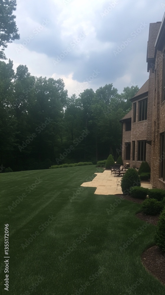 Fototapeta premium Lush green lawn, manicured grass, patio, house, trees, cloudy sky.