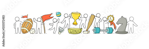 Doodle sports icons with ball, cup, dumbbell, football. Hand drawn banner with sport games and training equipment, vector illustration