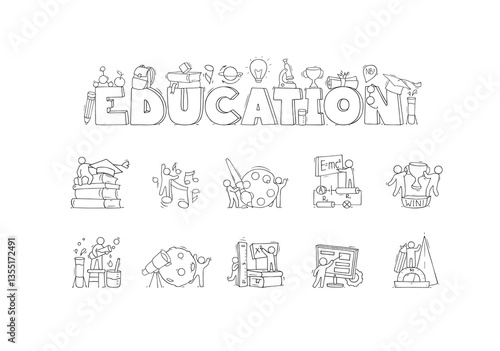 School subjects icons with symbols of math, physics, astronomy and chemistry. Vector cartoon set of art, music, technology, sport and literature lessons and students. People with education equipment
