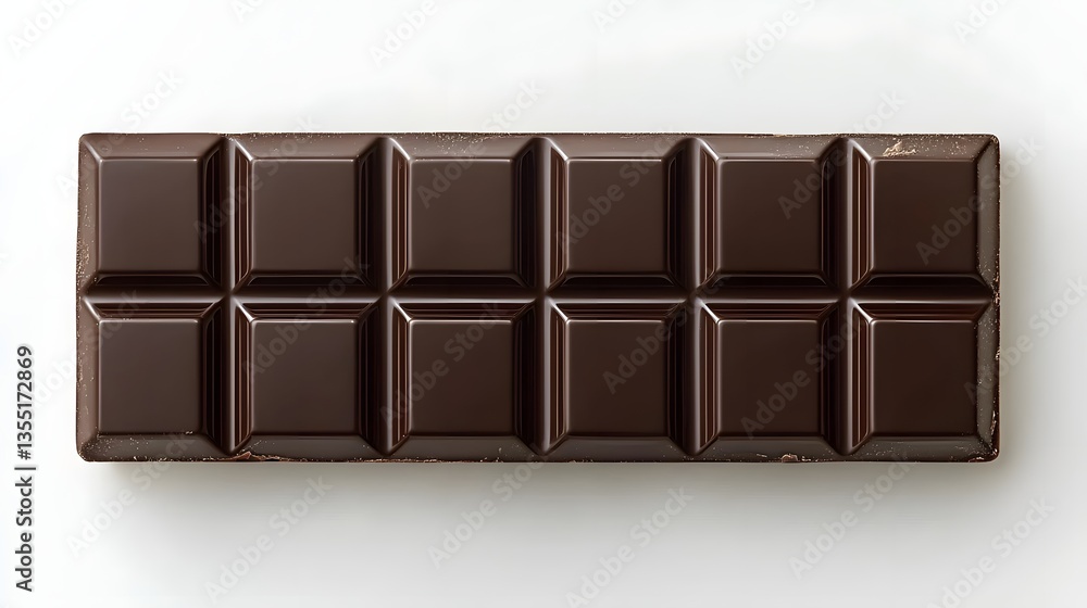Close Up of a Dark Chocolate Bar with Distinct Squares on a White Background Close Up of a Dark Chocolate Bar with Distinct Squares on a White Background