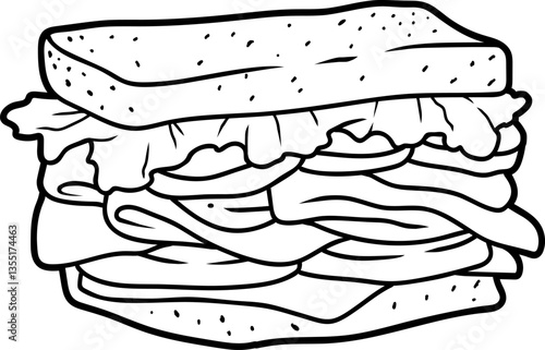 Outlined Club Sandwich with Ham, Cheese, Lettuce, Tomato, Pickles and Toasted Bread.
