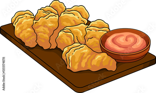 Chicken Nuggets with Dipping Sauce on Wooden Board. Vector Hand Drawn Illustration Isolated On Transparent Background