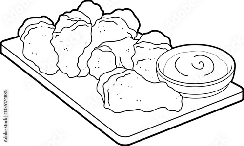 Outlined Chicken Nuggets with Dipping Sauce on Wooden Board